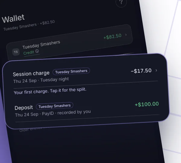 A member's wallet: a session charge and a deposit