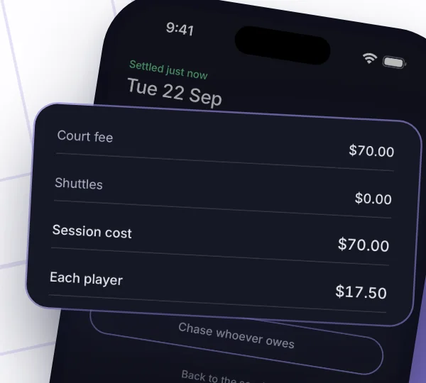 A settled session: the court fee and each player's share