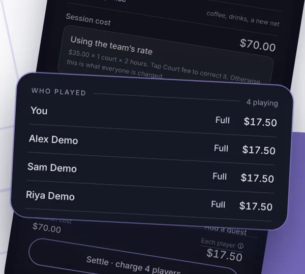 The settle screen: each player's share of the court fee
